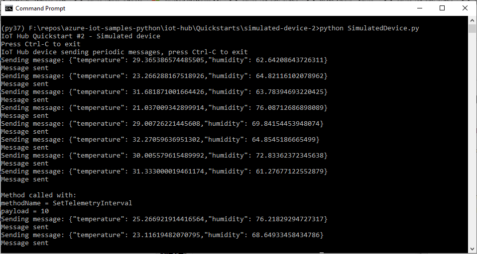 Screenshot of a terminal window that shows the direct message result and updated output from the simulated device application.