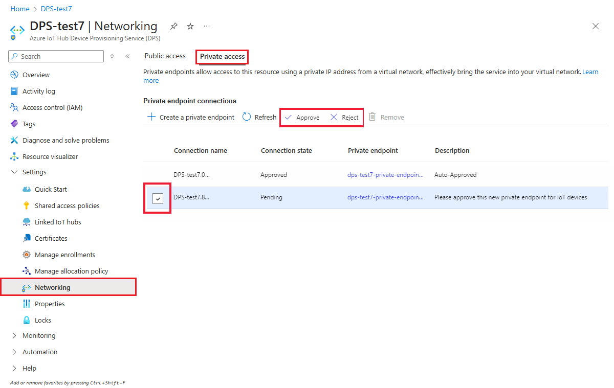 Screenshot that shows the Networking page of the DPS instance in the Azure portal, highlighting the private endpoint request.