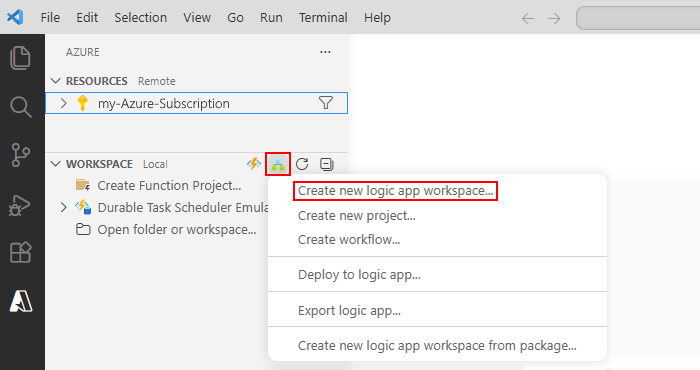 Screenshot shows Visual Studio Code with the Azure window, Workspace section toolbar, and selected option for Create new logic app workspace.