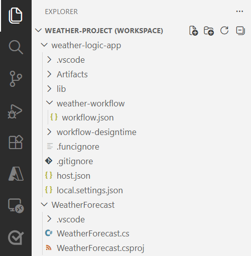 Screenshot shows the created workspace with the logic app project and .NET functions project.