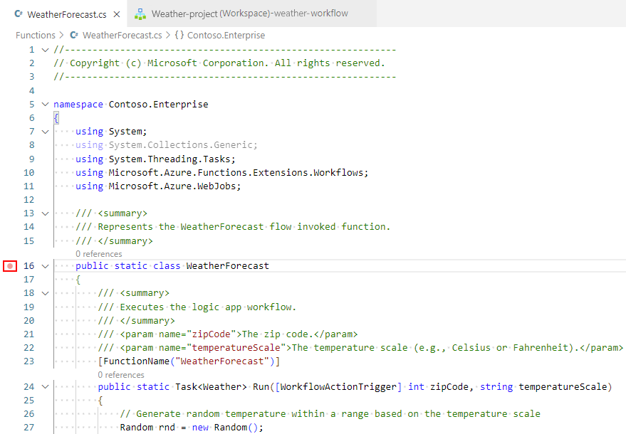 Screenshot shows the open function code file with a breakpoint set for a line in code.
