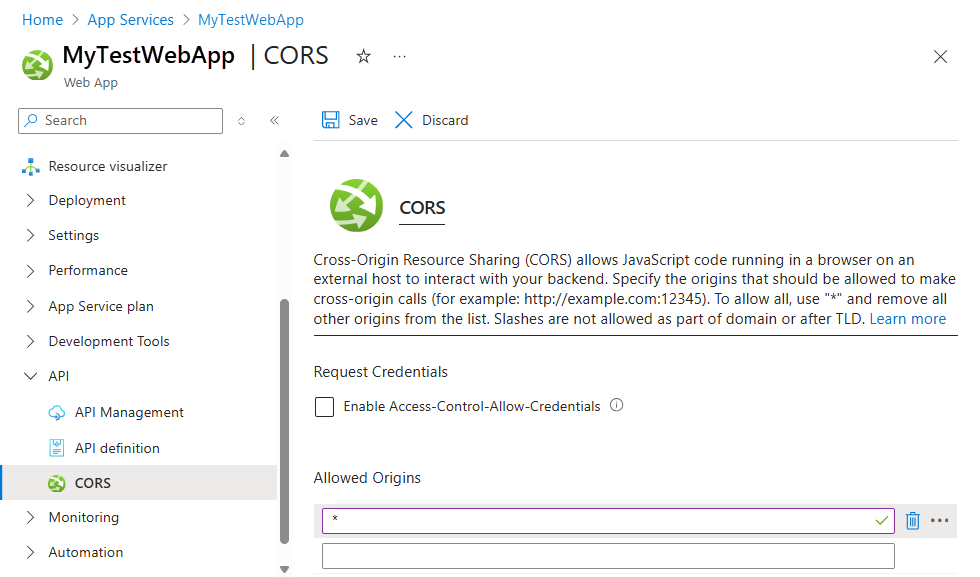 Screenshot shows web app's CORS pane with Allowed Origins set to *, which allows all.