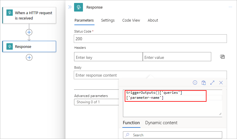 Screenshot shows Standard workflow, Response action, and the triggerOutputs expression.