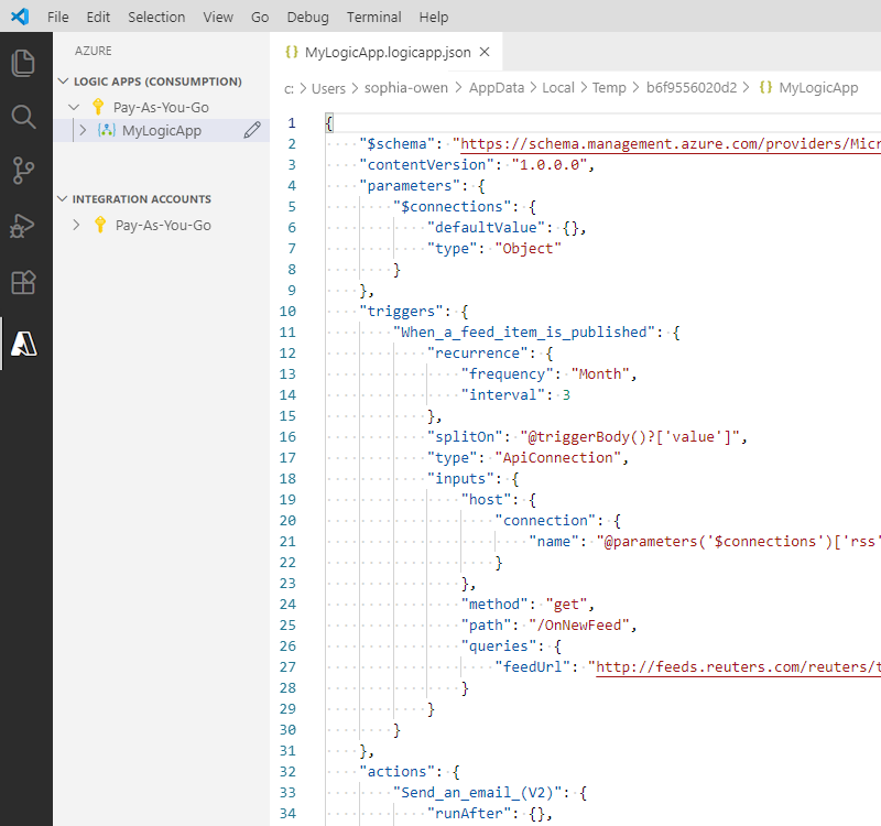 Screenshot that shows Visual Studio Code and the opened logic app workflow definition file.