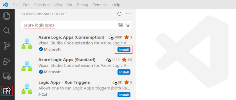 Screenshot that shows how to find and install the Azure Logic Apps Consumption extension in Visual Studio Marketplace.