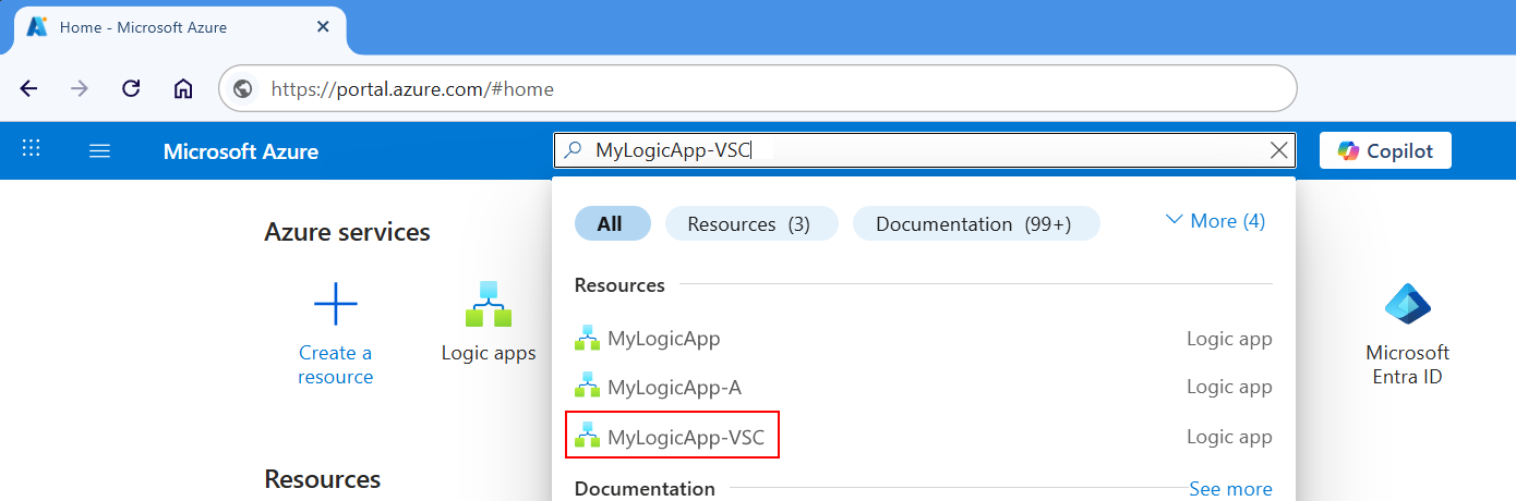 Screenshot that shows the Azure portal, search box, and name entered for logic app with the result highlighted.