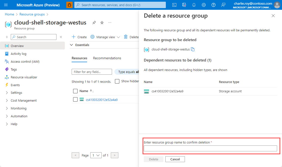 Screenshot of the Azure portal that shows the Resource group page with the Delete resource group button highlighted.