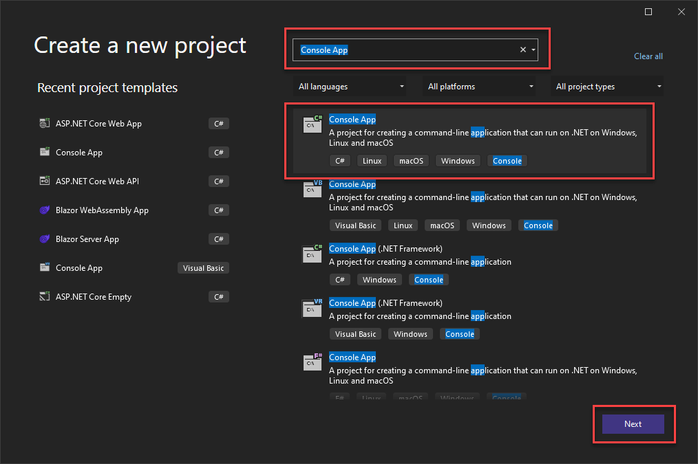 Screenshot of creating a new console app project in Visual Studio.