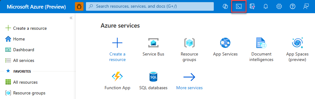 Screenshot of Azure Developer CLI access from Cloud Shell in the Azure portal.