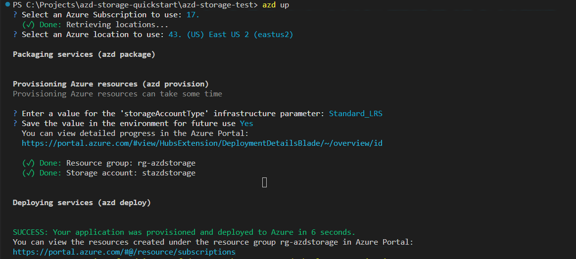 Screenshot of the azd up command output in the terminal.