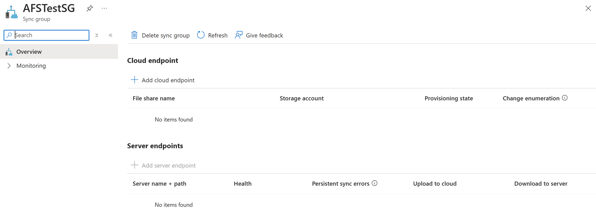 Screenshot of information about a sync group in the Azure portal, with no cloud endpoint appearing.