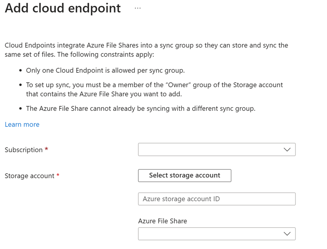 Screenshot of pane for entering details about a new cloud endpoint in the Azure portal.