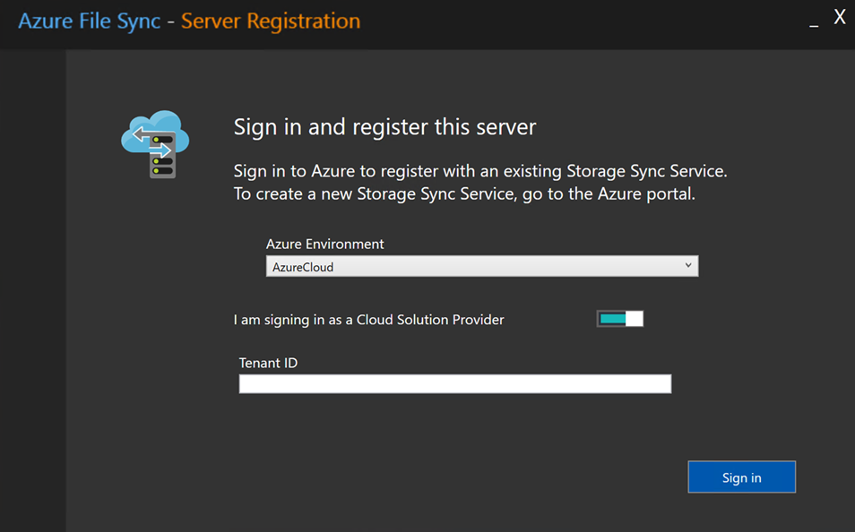 Screenshot of the Cloud Solution Provider toggle and the box for tenant ID in the Server Registration dialog.