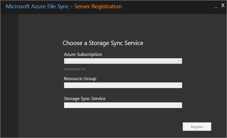 Screenshot of the Server Registration dialog, with details for subscription, resource group, and storage sync service.