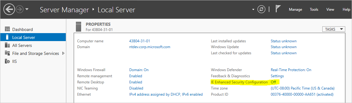 Screenshot of Server Manager UI with the IE Enhanced Security Configuration highlighted.