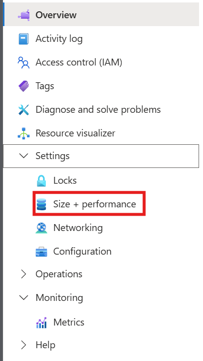 A screenshot of the Change size and performance button in the file share overview.