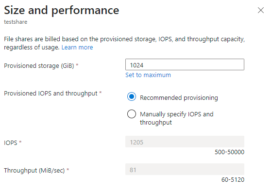 A screenshot of the Size and performance pop-out dialog.