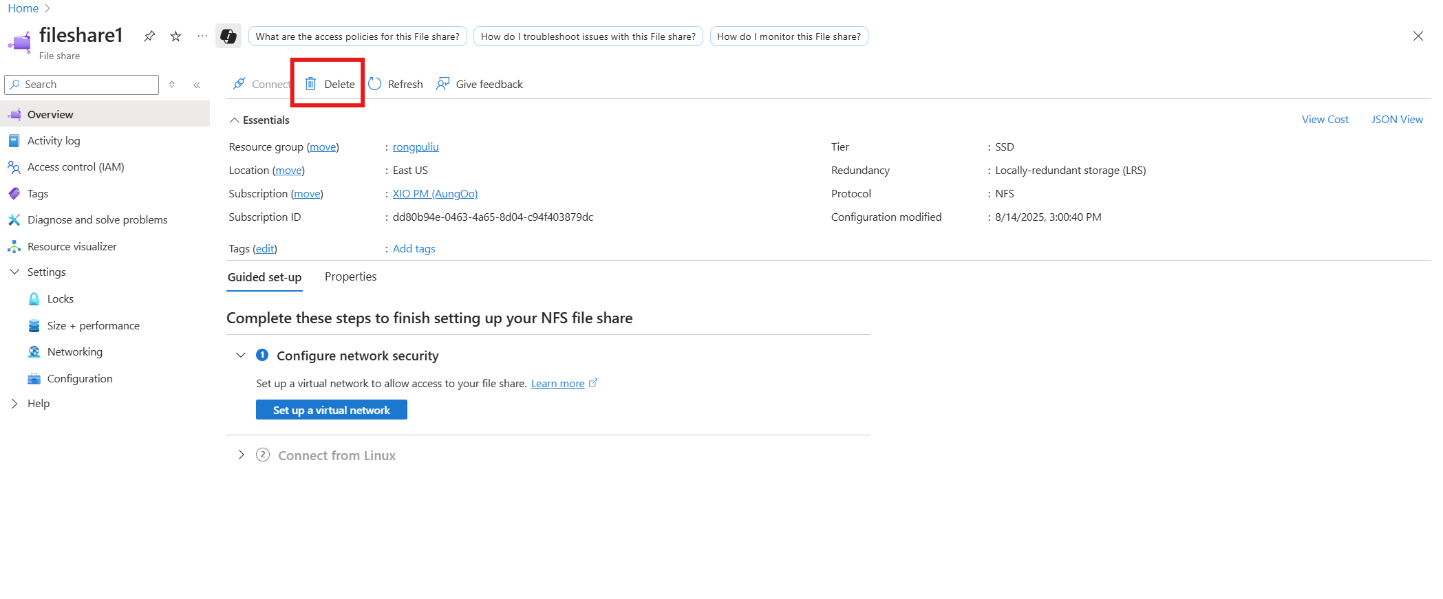 A screenshot of the delete confirmation dialog for a Microsoft.FileShares file share in the Azure portal.