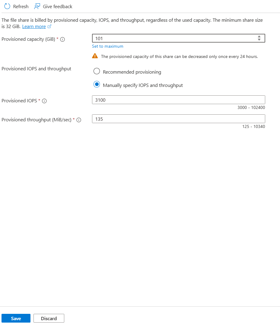 A screenshot of the Save button in the Size and performance dialog for a Microsoft.FileShares file share in the Azure portal.