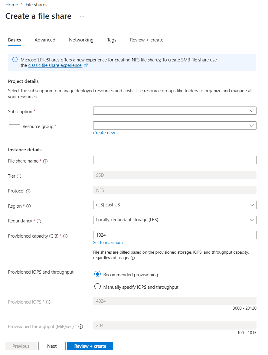 A screenshot of the Azure portal for create flow 1 for file share.
