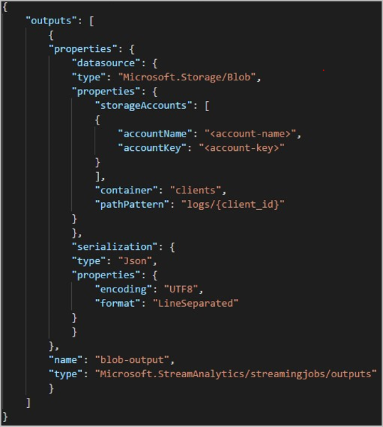 Screenshot that shows the REST API JSON output configuration for blob storage.