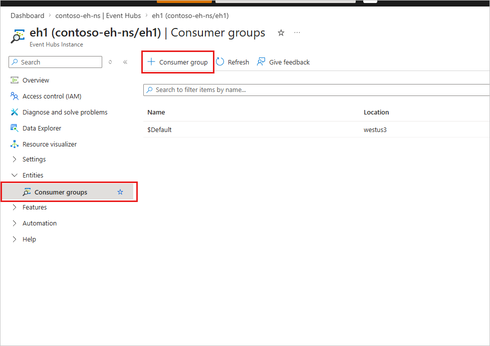Screenshot that shows the button for adding a consumer group in Event Hubs.