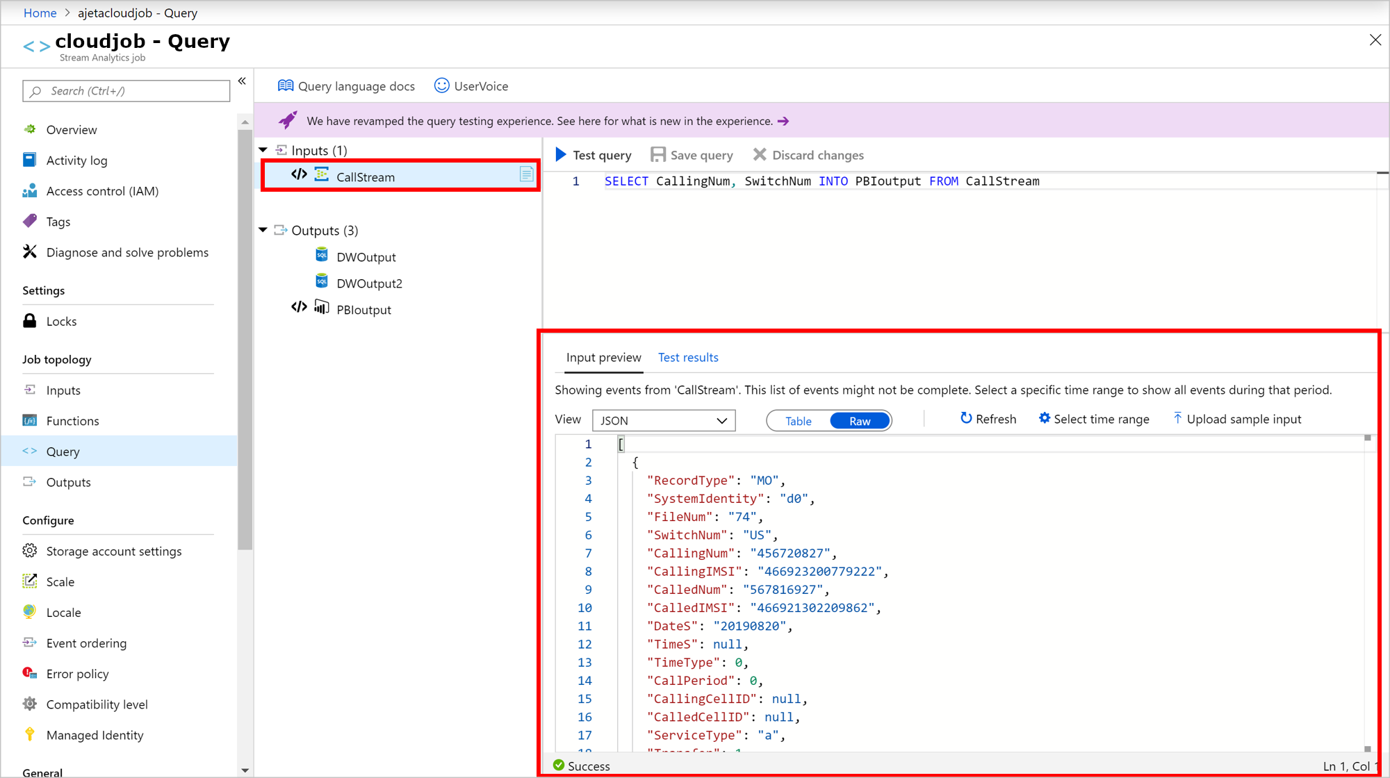 Screenshot of Azure Stream Analytics sample input data displayed in raw JSON format.