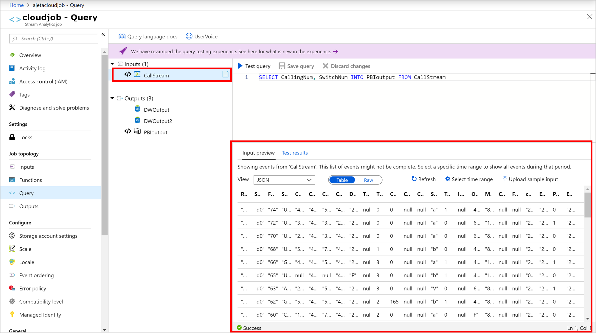 Screenshot of Azure Stream Analytics sample input data displayed in table format.
