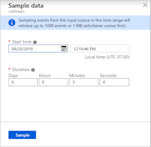Screenshot of the Azure Stream Analytics dialog to set a time range for sample events.