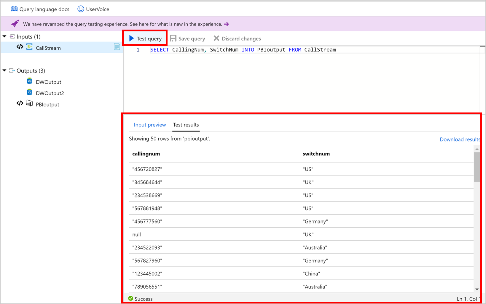 Screenshot of Azure Stream Analytics test query results in the Test results tab.