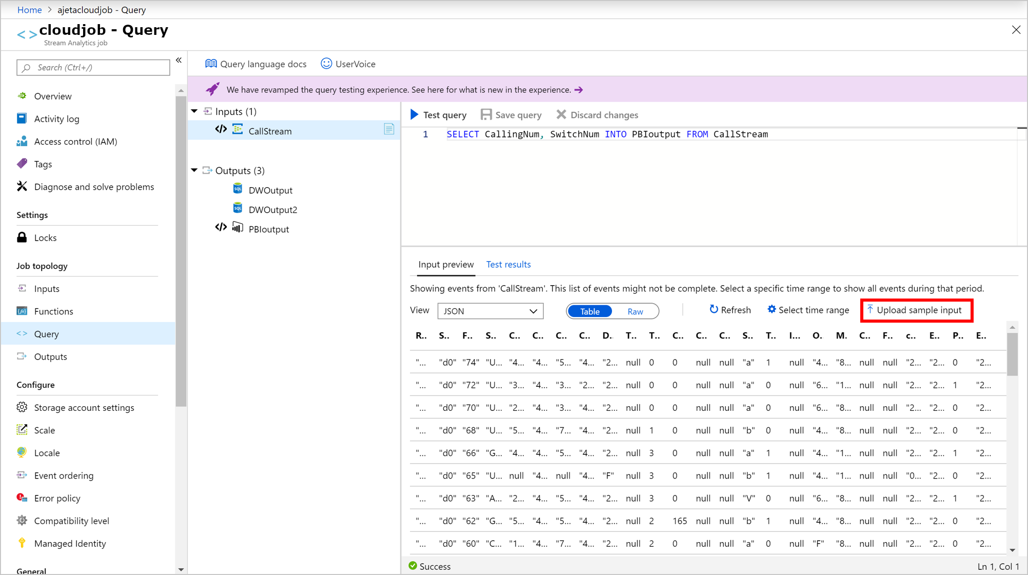 Screenshot of the Upload sample input option in the Azure Stream Analytics Input preview tab.