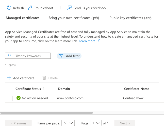 Screenshot that shows the Managed certificates pane with the new certificate listed.
