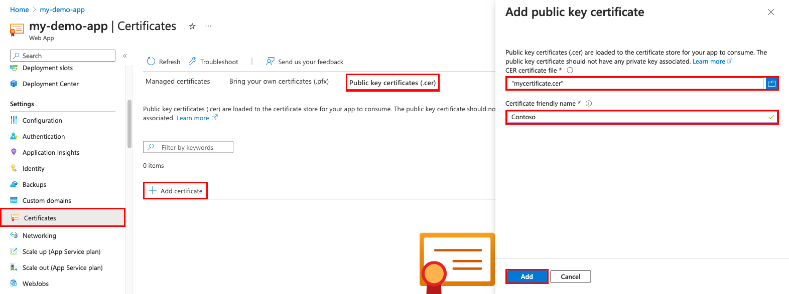 Screenshot that shows the app management page. It shows the public key certificate to upload and its name.