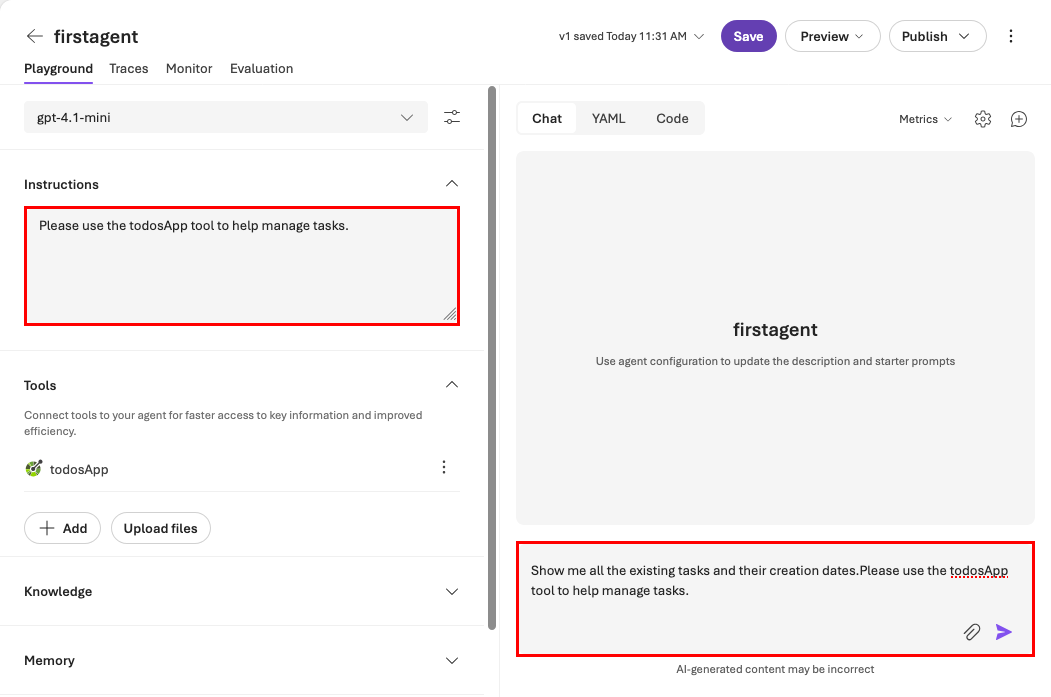 Screenshot showing the agents playground in the middle of a conversation that takes actions by using the OpenAPI tool.