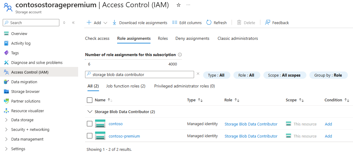 Screenshot of Storage Blob Data Contributor list.