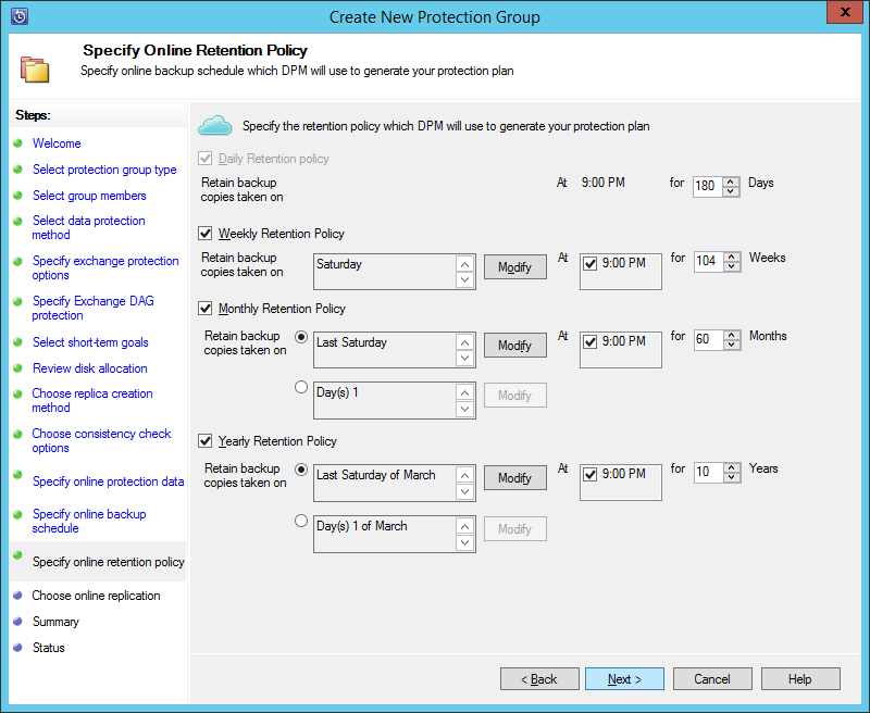 Specify online retention policy