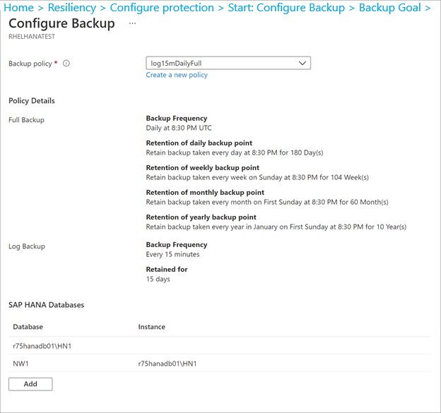 Screenshot that shows the selection of a backup policy.