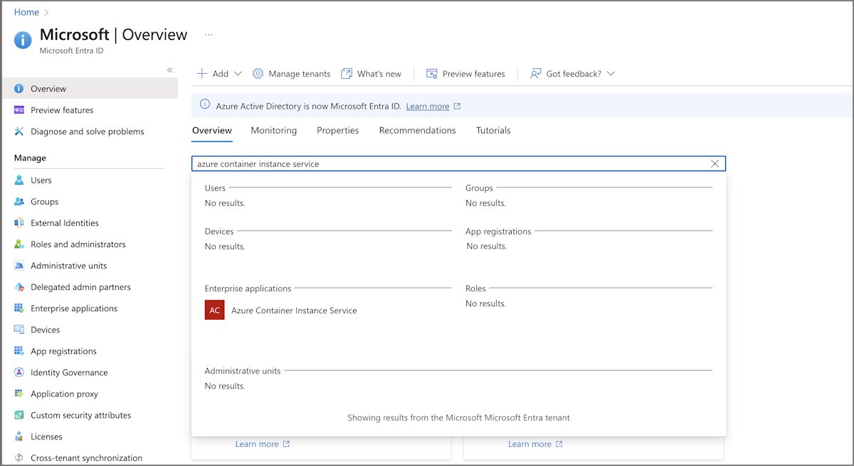 Screenshot of searching for Azure Container Instance Service.