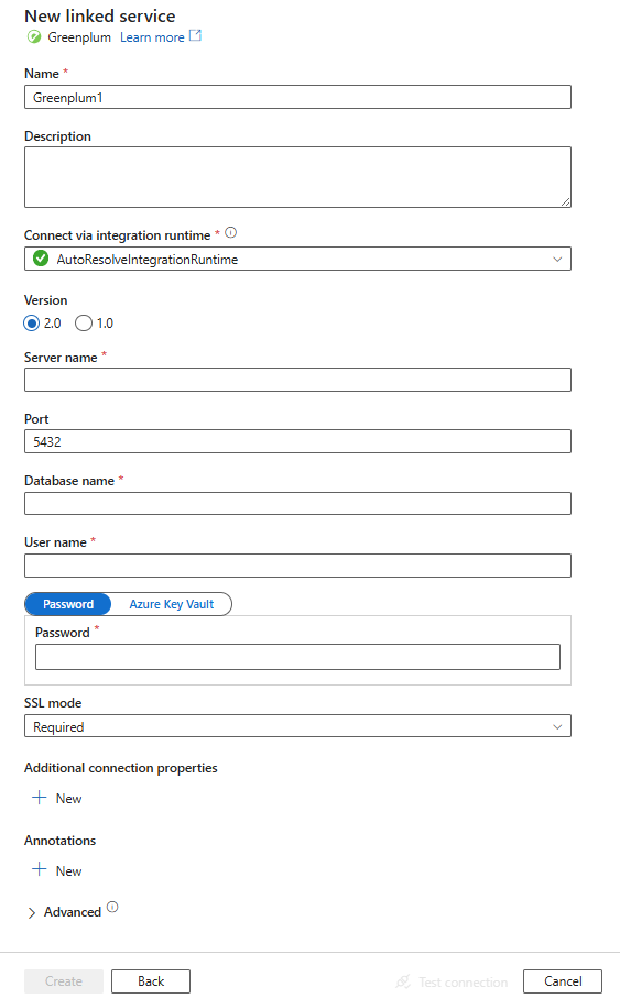 Screenshot of linked service configuration for Greenplum.