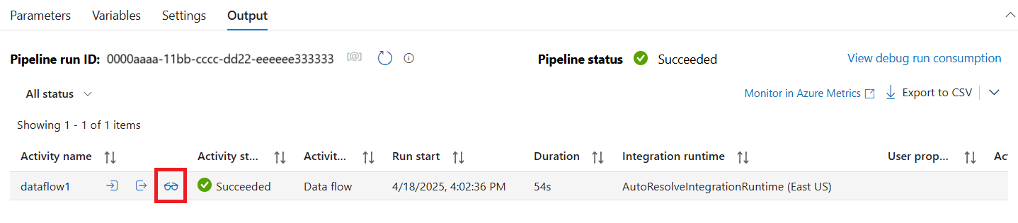 Screenshot of the completed pipeline status, with the output actions highlighted.