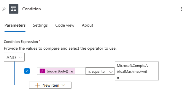 Screenshot shows the workflow designer with a condition that compares the operation.