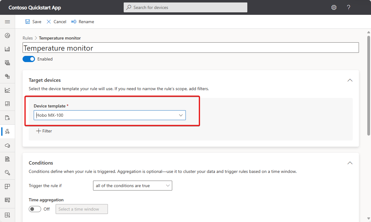 Screenshot that shows the selection of the device template in the rule definition.