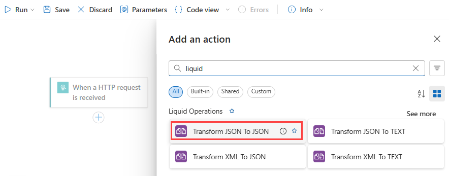 Screenshot showing Consumption workflow designer with a Liquid action selected.