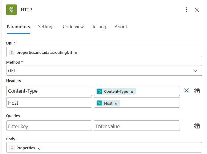 Screenshot of the designer with the URI, Headers, and Body expressions now resolved.