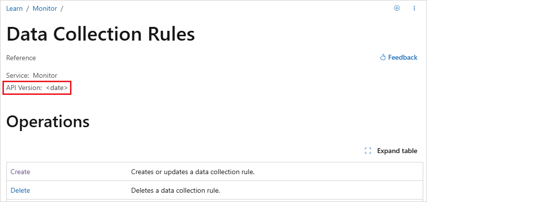 Screenshot of the API version's appearance in the DCR documentation.