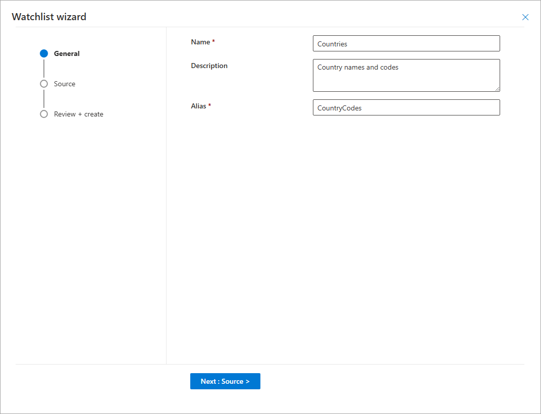 Screenshot of watchlist general tab in the watchlists wizard.