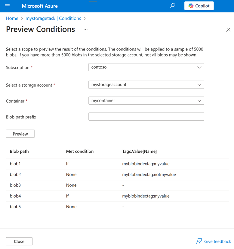 Screenshot of storage task preview window in the Azure portal.