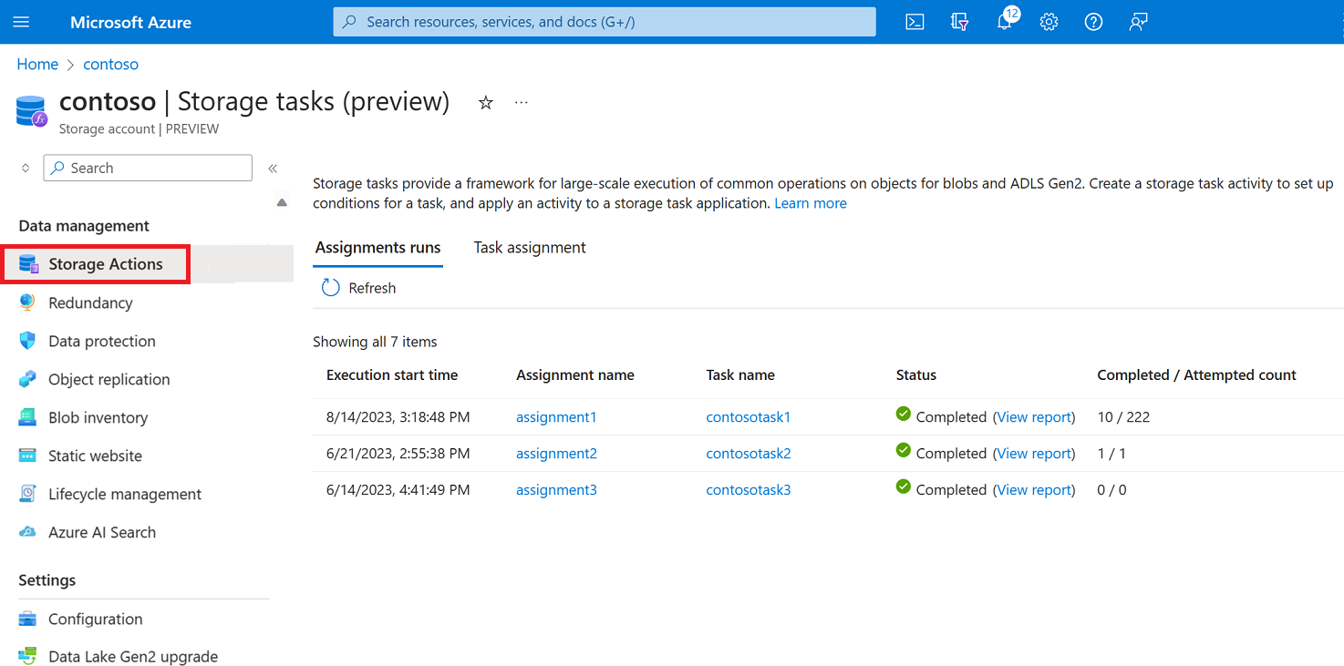 Screenshot of the the storage task list when opened from a storage account.