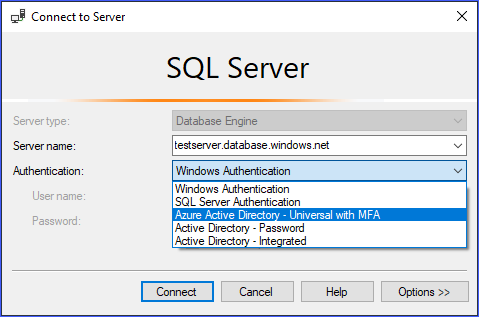 Completes the User name box. Screenshot shows Connect to Server dialog box where you can select a server name and authentication option.