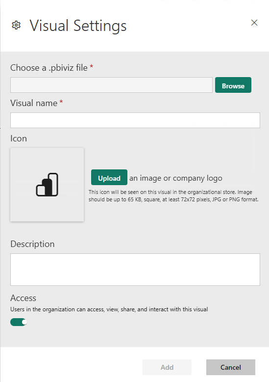 Screenshot of the add visual pop-up menu with the options described in step 2.